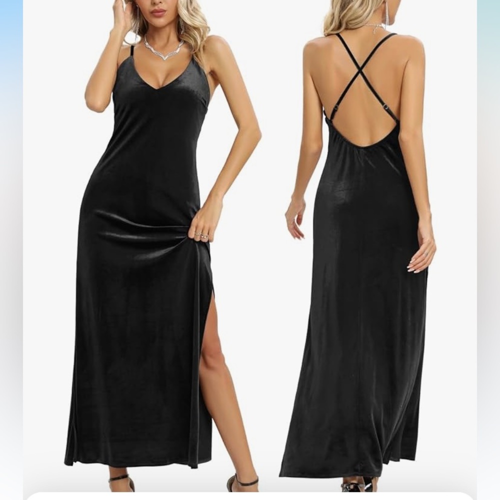 Capuffy  Black Velvet bodycon stars formal maxi Dress size S